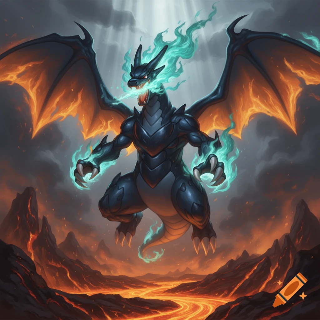 A powerful dark blue Mega Charizard X with black wings and a long tail, breathing bright blue fire, flying over a volcanic landscape with glowing orange lava rivers.
