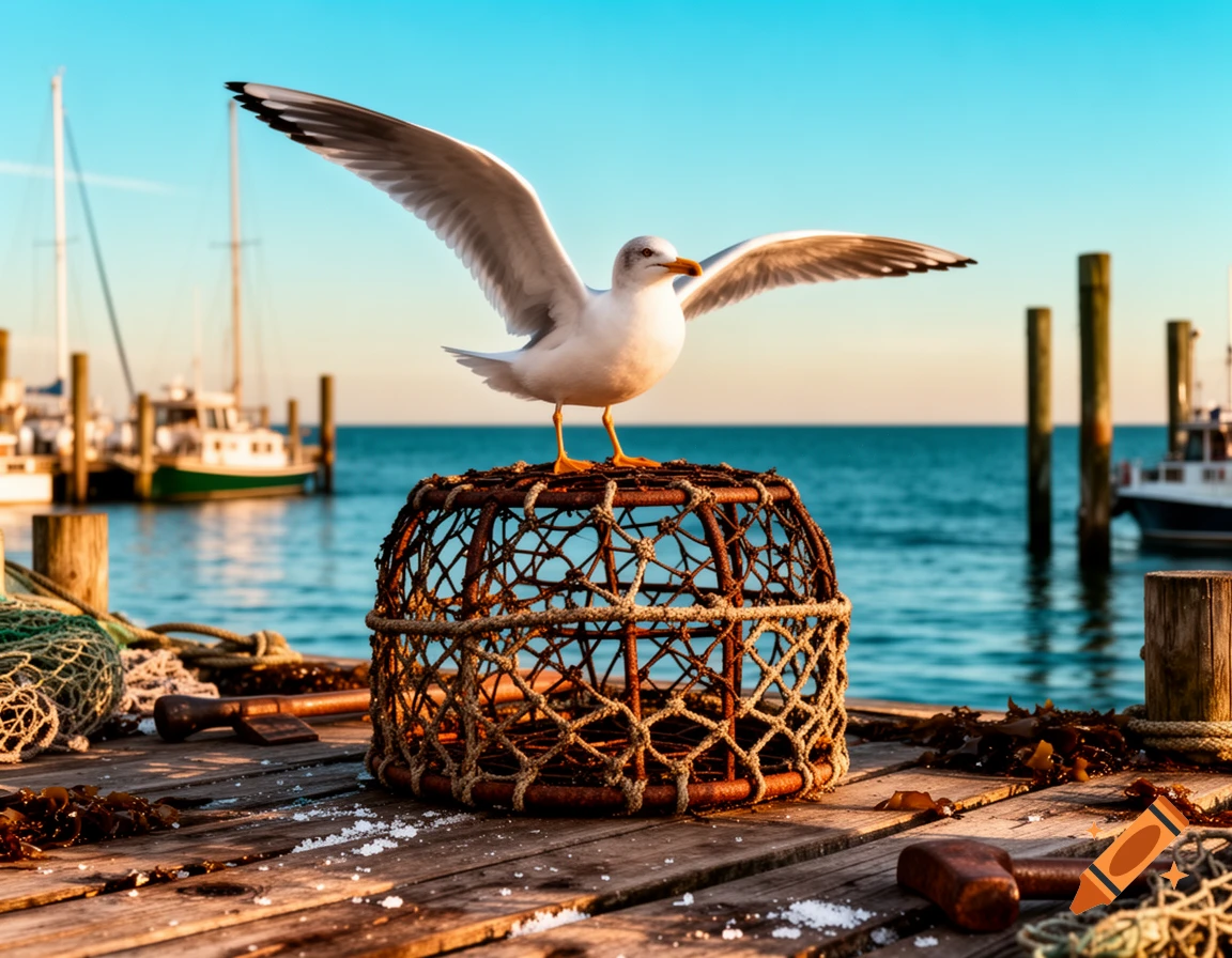 A photorealistic seagull stands on a lobster pot on a wooden wharf, with boats and water in the background.