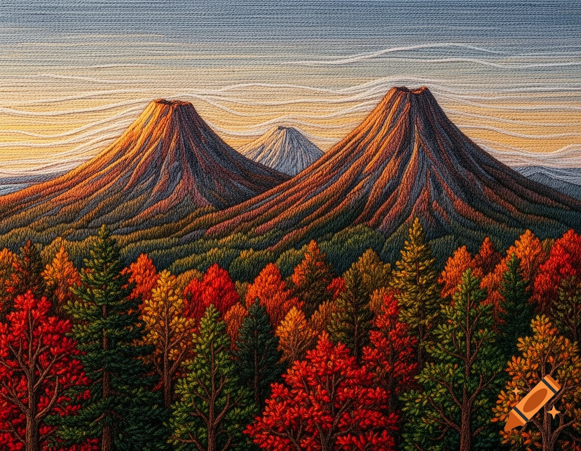 A vibrant embroidered landscape depicts an autumn forest with colorful trees in the foreground and two majestic volcanoes under a sunset sky.