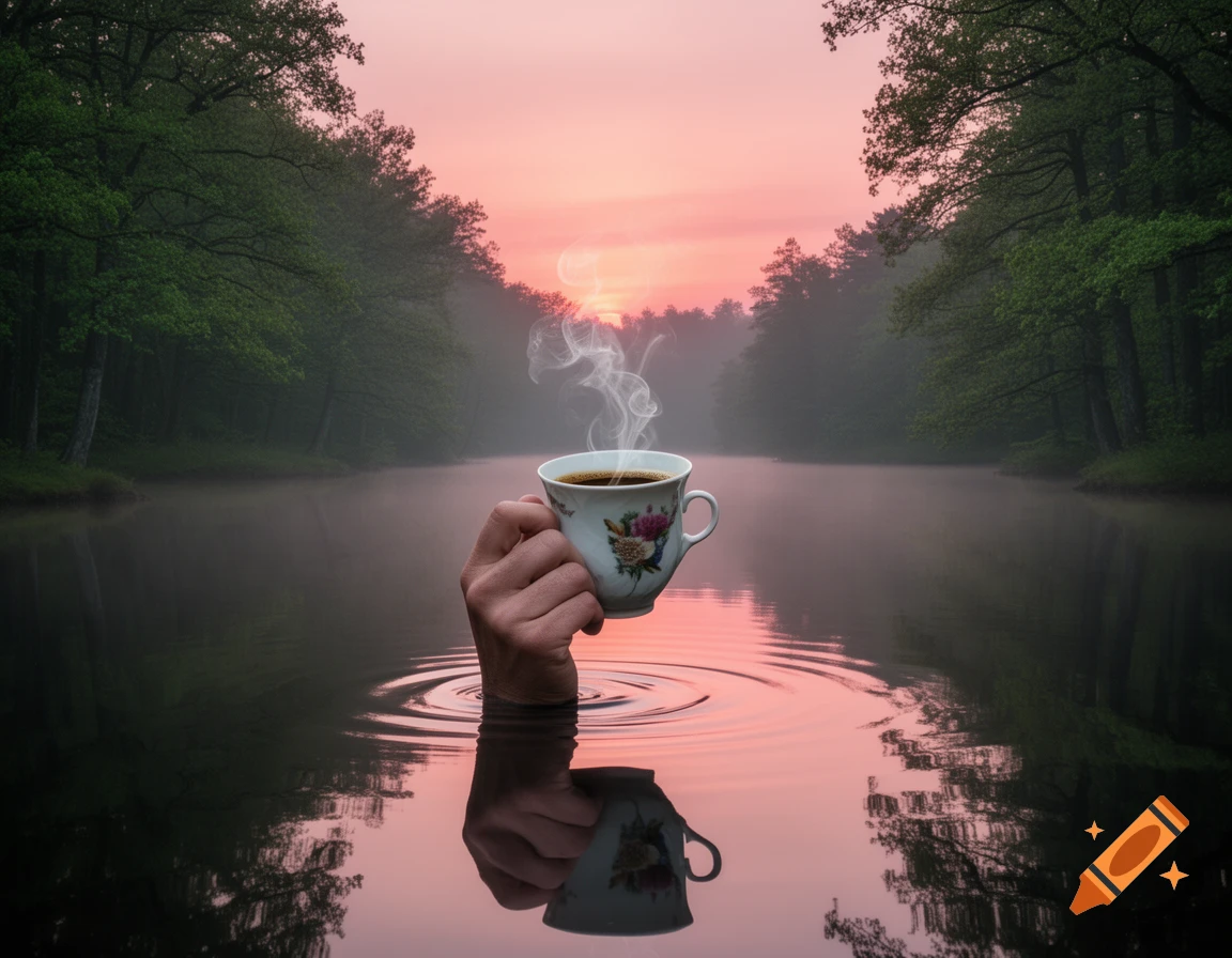 A hand holding a steaming cup of coffee emerges from a placid lake surrounded by a forest under a pink sunset.
