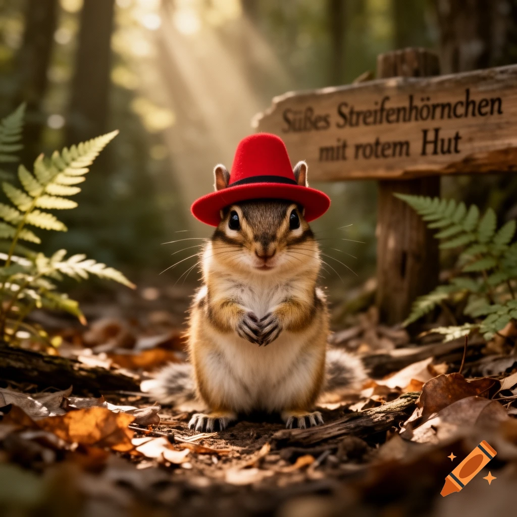 A cute chipmunk wearing a red hat sits on a forest path, with a wooden sign reading 'Süßes Streifenhörnchen mit rotem Hut' in the background.