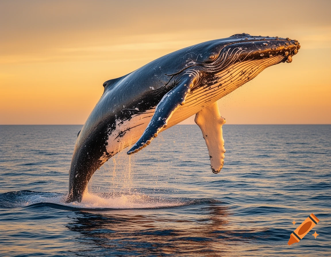 A large humpback whale breaches out of the ocean, backlit by a golden sunset sky with splashing water.