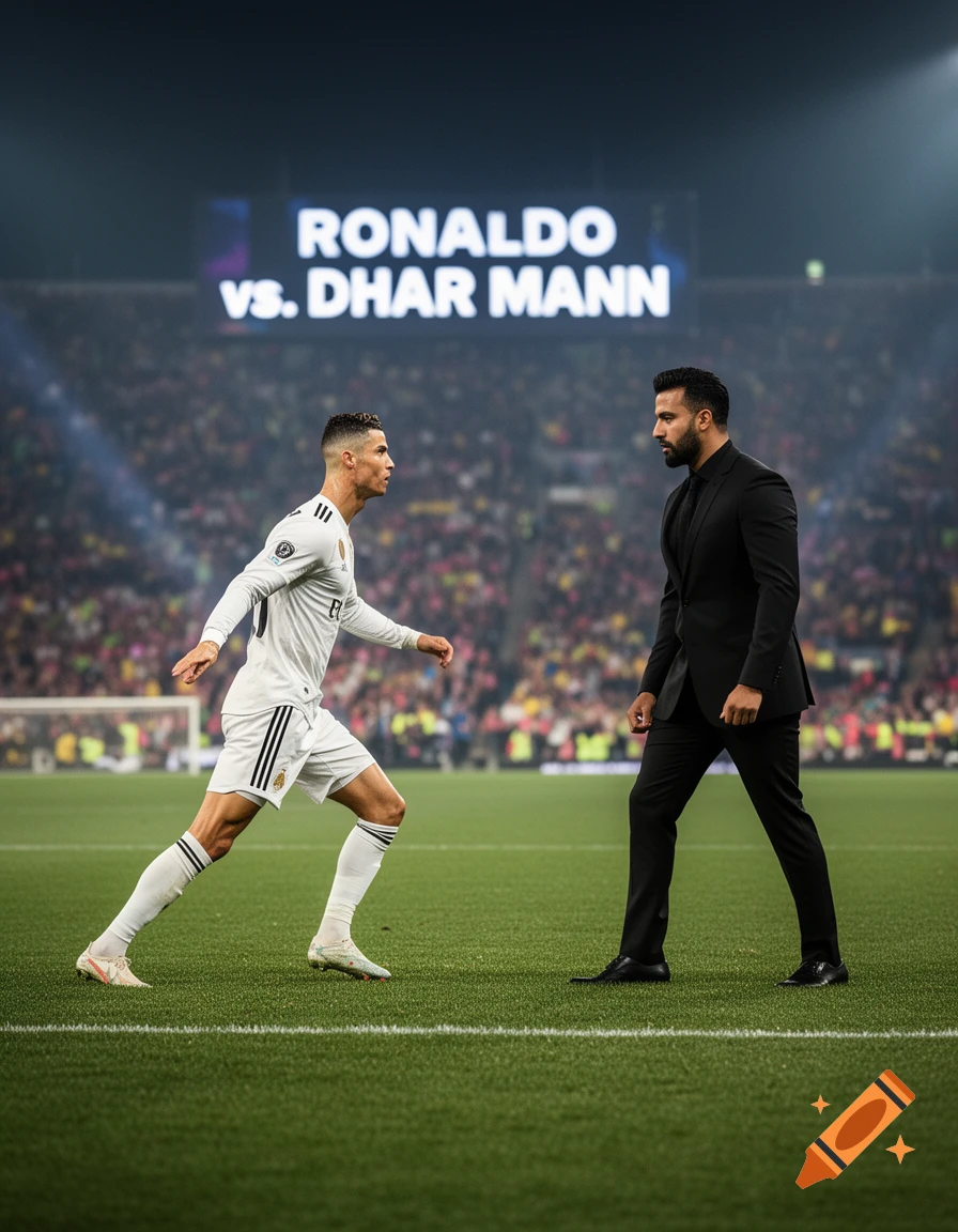 Cristiano Ronaldo in a soccer uniform faces Dhar Mann in a suit on a stadium field, with a scoreboard displaying 'RONALDO vs. DHAR MANN'.