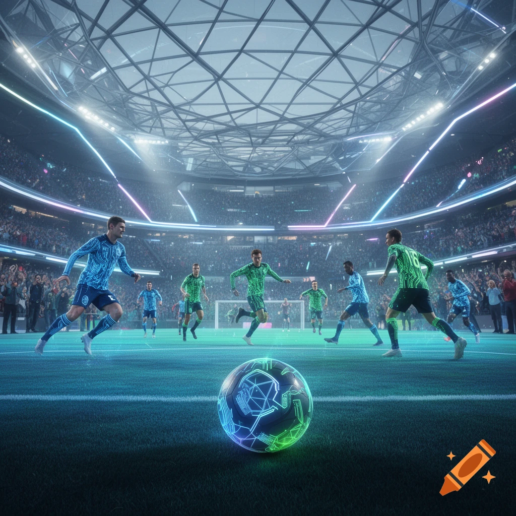 Futuristic soccer game in a high-tech stadium with glowing lines, featuring players in circuit-patterned jerseys and a glowing digital soccer ball.