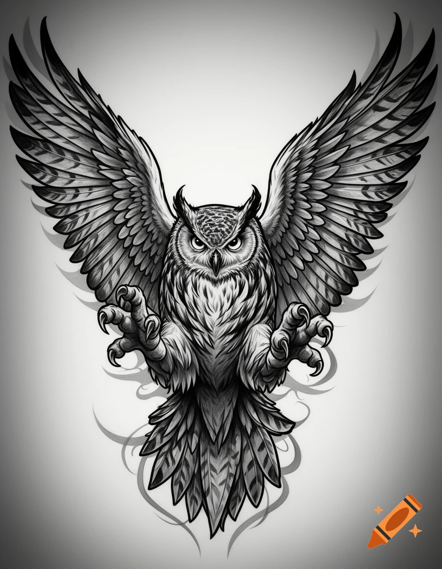 Black and white tattoo illustration of an owl with wings spread wide and talons extended, ready to attack.