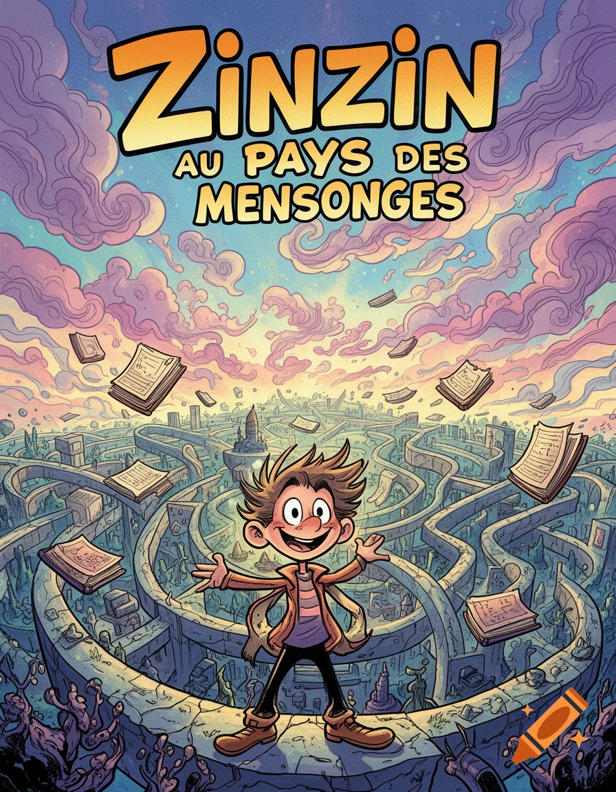 A cheerful cartoon boy stands on a maze-like landscape with flying books, comic book style, title 'ZINZIN AU PAYS DES MENSONGES'.
