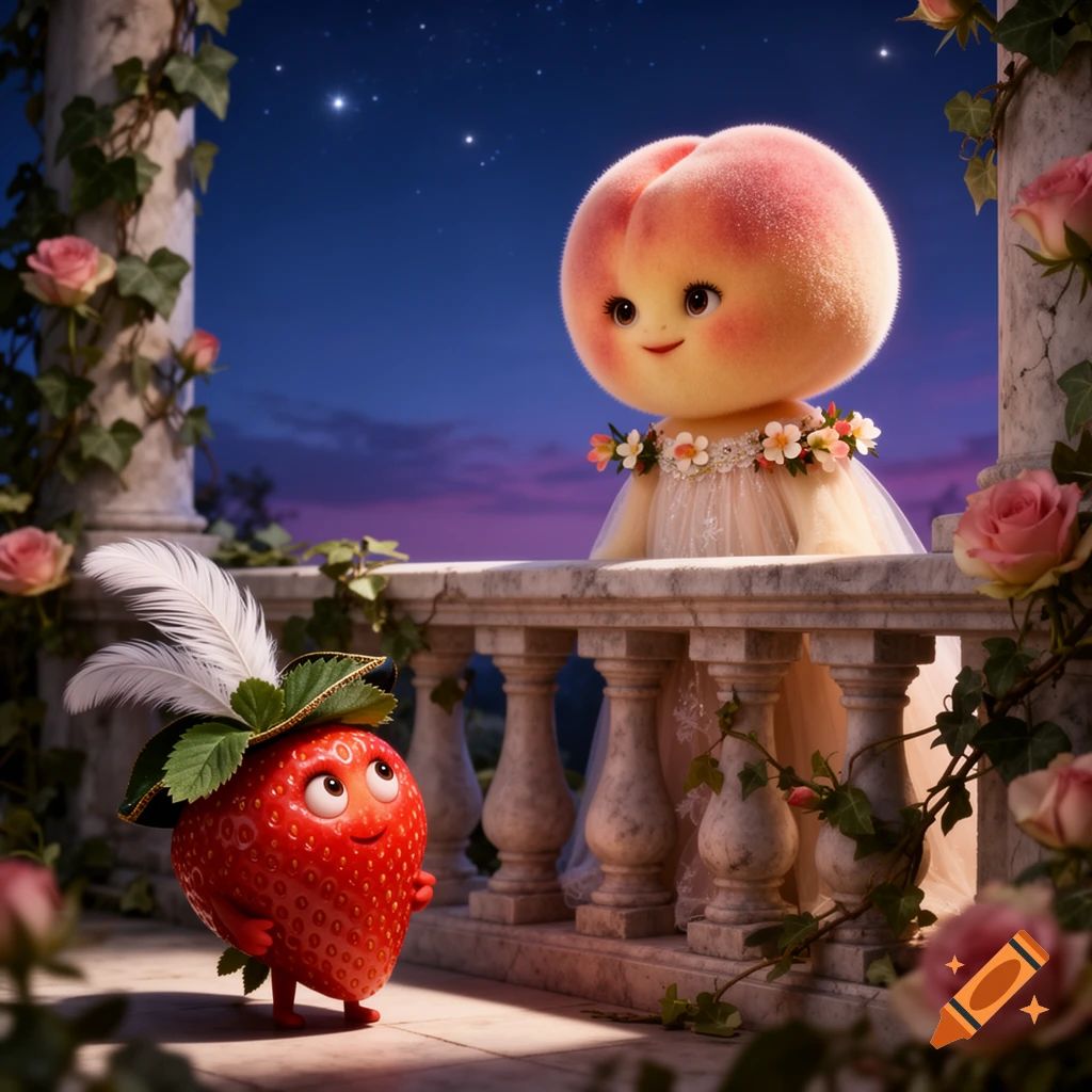 A cartoon strawberry with a feathered hat looks up at a cartoon peach in a dress on a rose-adorned balcony at night.