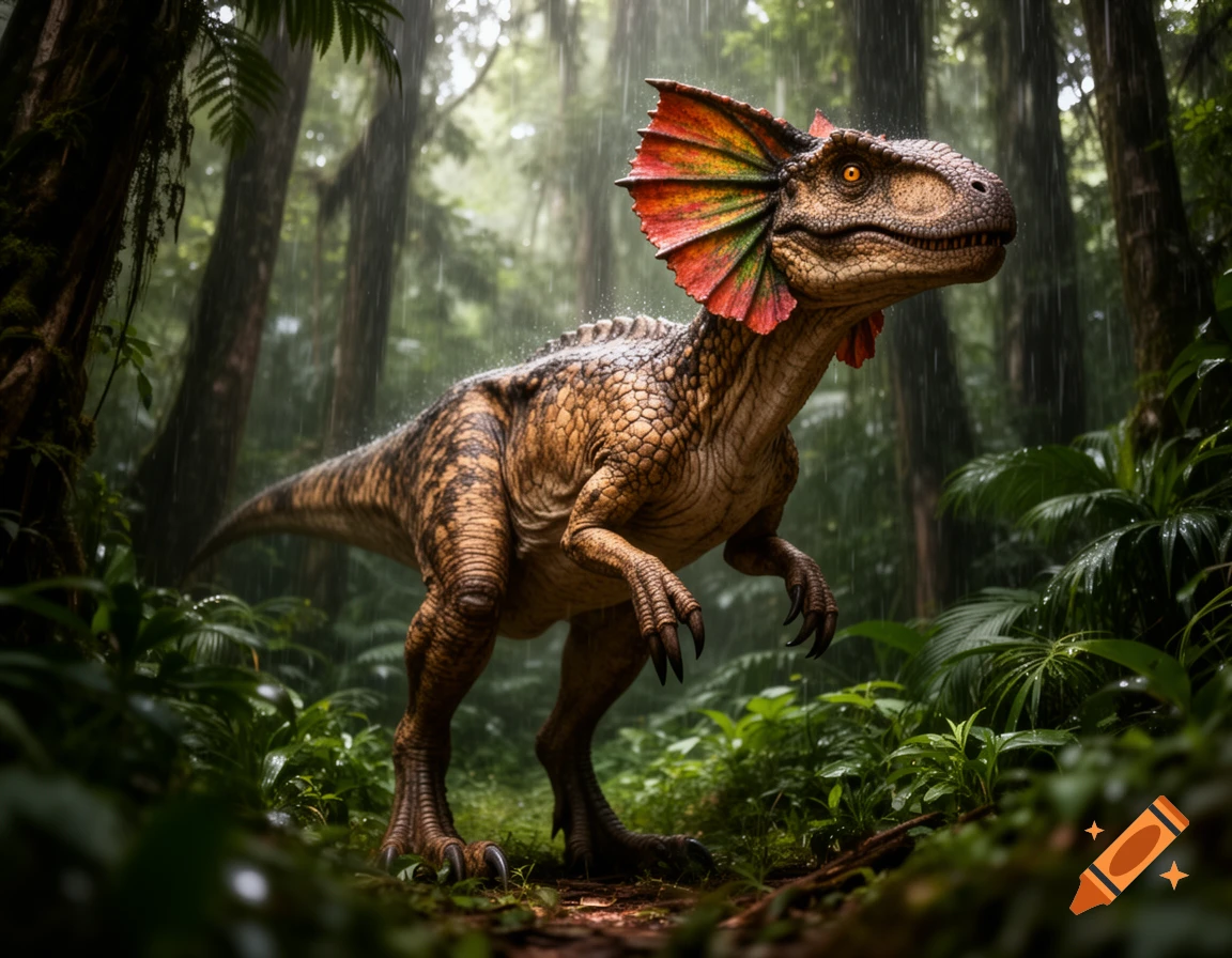 A photorealistic frilled dinosaur with textured skin and sharp claws stands in a lush, rainy rainforest.