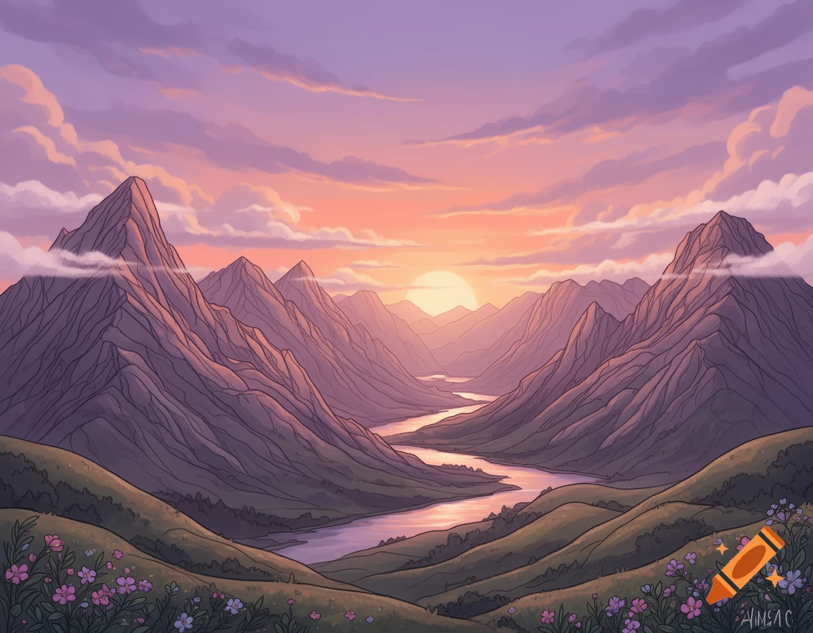 Stylized illustration of a sunset over a mountain range with a river winding through a valley and flowering hills in the foreground.