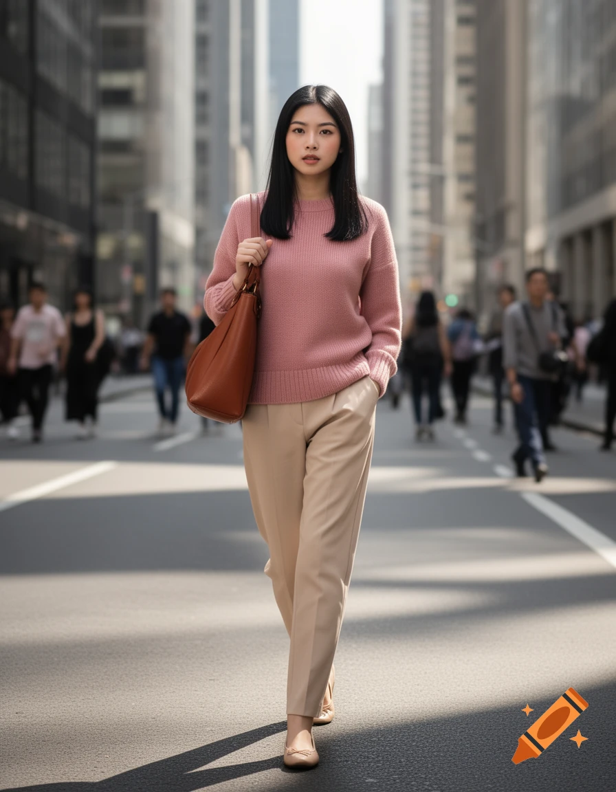 A young Filipina woman in a pink sweater and beige slacks walks on a city street, carrying a brown purse.