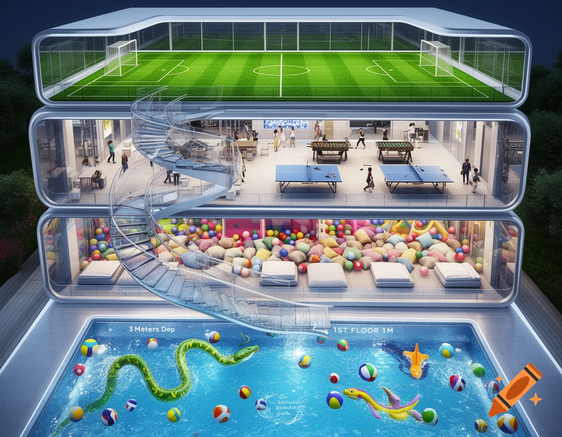 Detailed cross-section of a modern, futuristic 4-story entertainment house with a transparent facade. Features include a rooftop soccer field, a gaming hall with table tennis, a soft playroom with colorful pillows, and a ground floor swimming pool with inflatables, all connected by a glass staircase.
