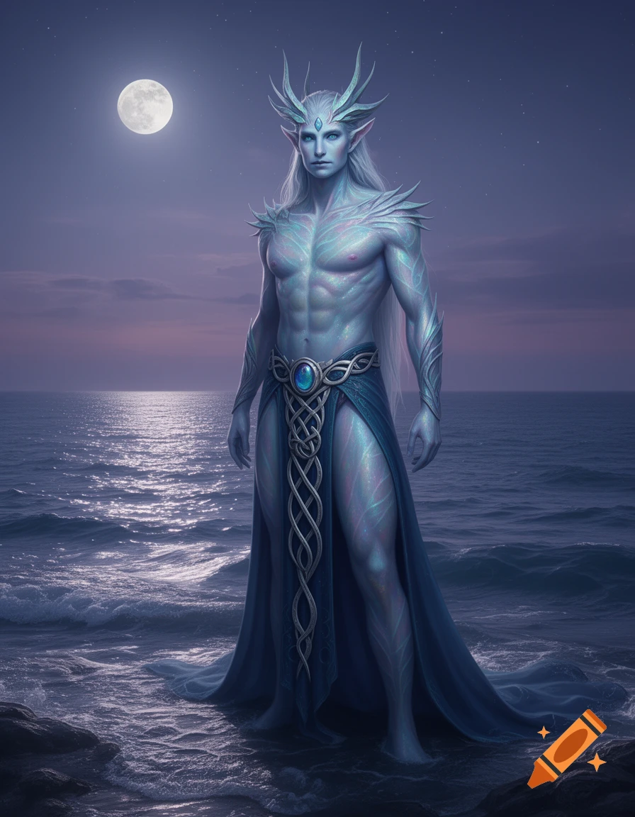 A blue-skinned fantasy merman with antlers and long white hair stands in the ocean under a full moon at night.