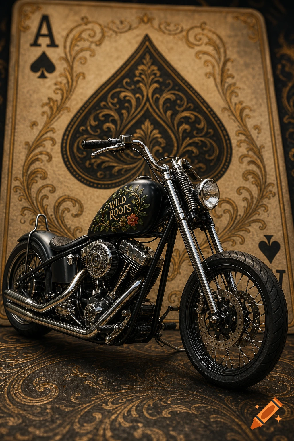 A black custom chopper motorcycle with "Wild Roots" on the tank, set against a large, ornate Ace of Spades playing card.