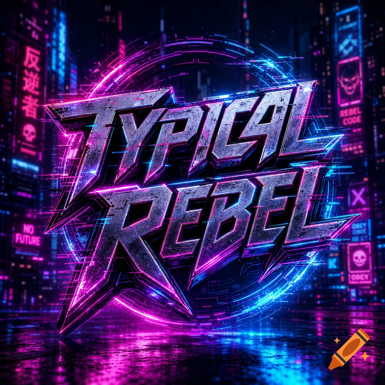 A cyberpunk logo with metallic "Typical Rebel" text, glowing with pink and blue neon lights, set against a blurry futuristic city background.