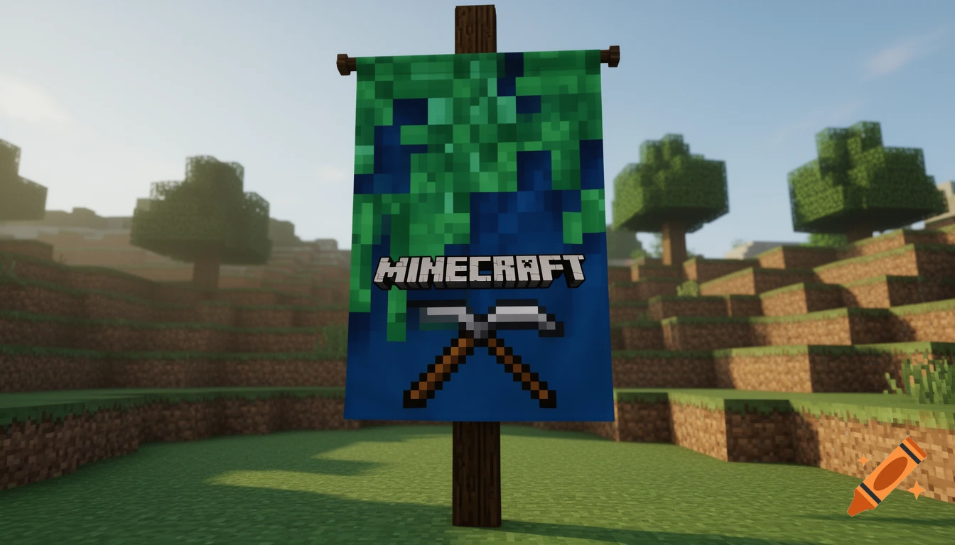 A Minecraft banner with the game's logo and crossed pickaxes, set against a blocky landscape with trees and hills.