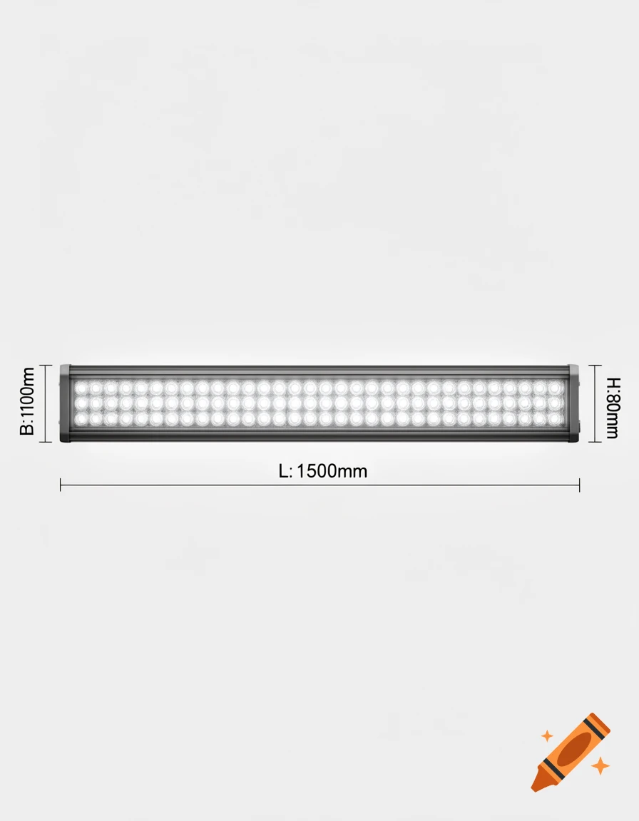 A technical drawing of a long, rectangular linear light fixture with many small lights. Dimensions L:1500mm, B:1100m, H:80mm are labeled.