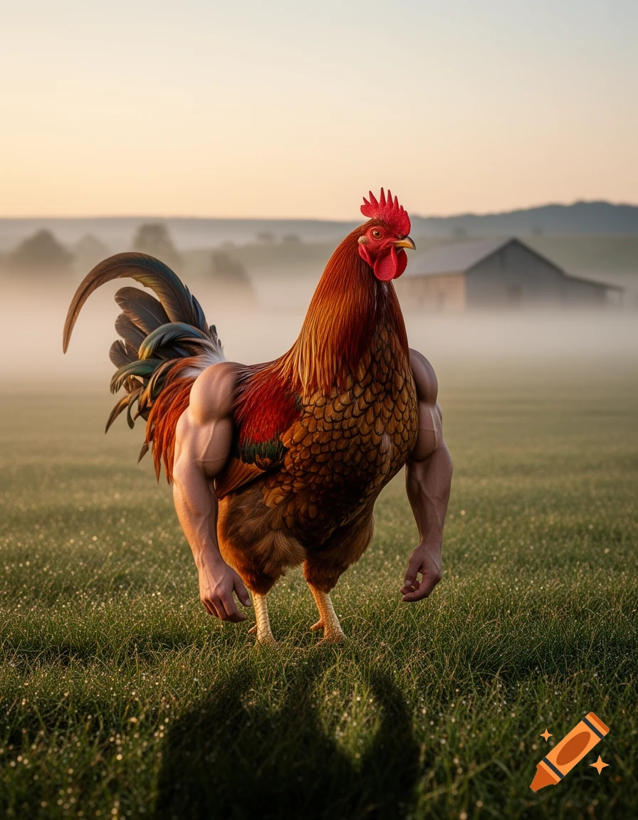 A photorealistic rooster with muscular human arms stands in a dew-kissed grassy field, with a barn in the misty background at dawn.