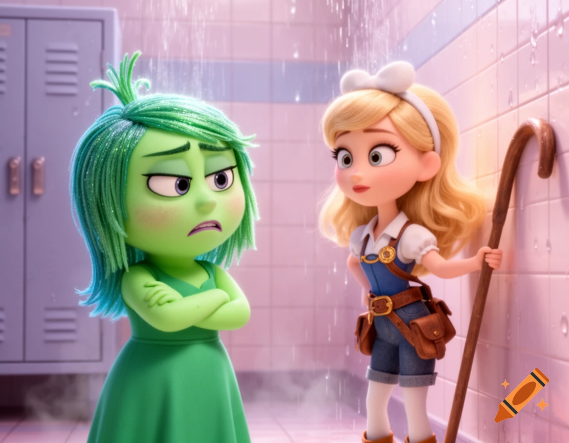 Disgust from Inside Out looks annoyed while Bo Peep from Toy Story 4 stands with a staff in a 3D animated locker room shower with water falling.
