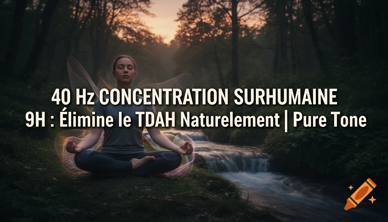 A person meditating in a forest at sunset next to a stream, with glowing energy lines and text overlay.