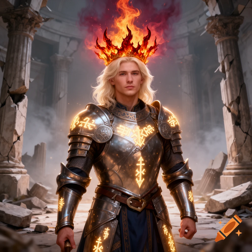A blond male warrior in glowing ornate armor and a crown of fire stands in a ruined temple, fantasy art style.