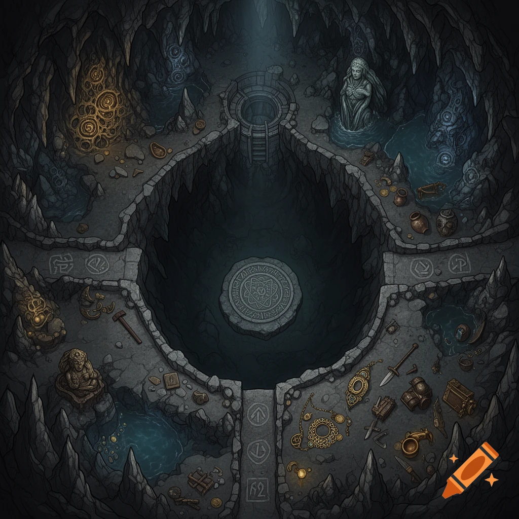 Top-down fantasy battle map of a dark underground cave with ancient ruins, symbols, statues, pools, and scattered artifacts.