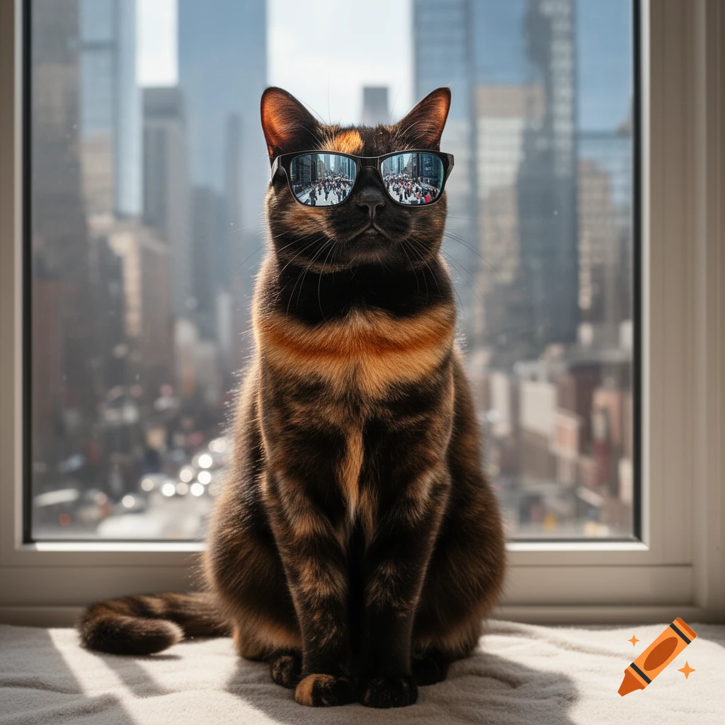 A calico cat wearing sunglasses sits on a window sill, looking at the viewer. City buildings are reflected in its glasses and visible outside.