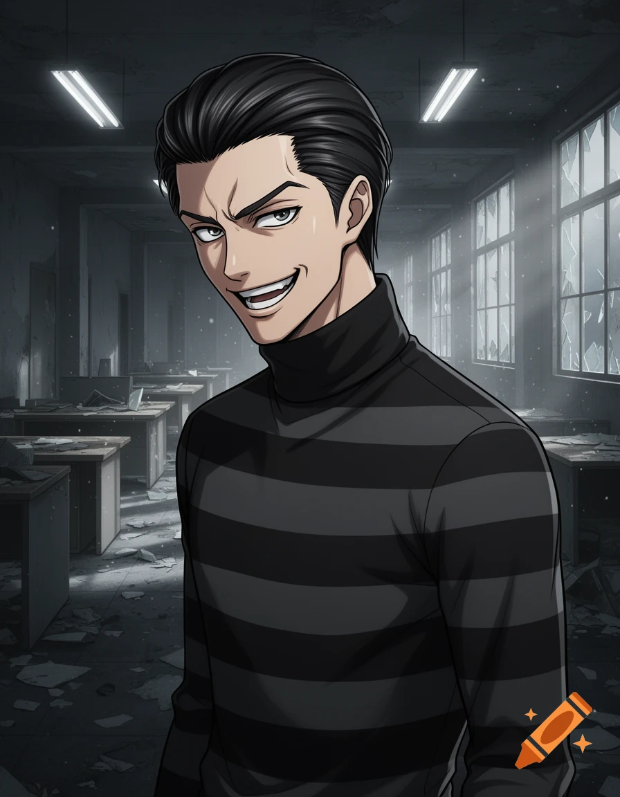 Anime man with dark hair, menacing smile, in a black and gray striped turtleneck, in a ruined, abandoned office.
