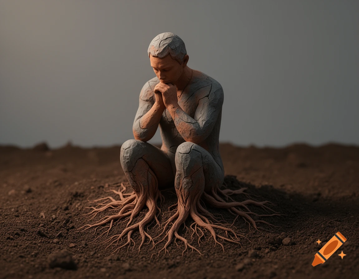 A cracked clay figure of a man with roots for legs crouches on bare earth, looking down under an overcast sky.