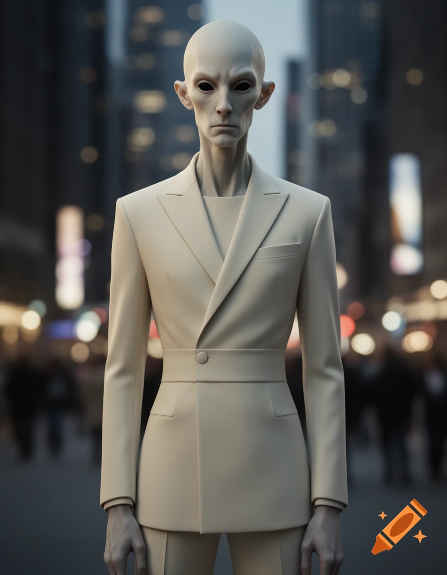 A tall, pale-skinned alien in a light tailored suit stands on a blurred city street.