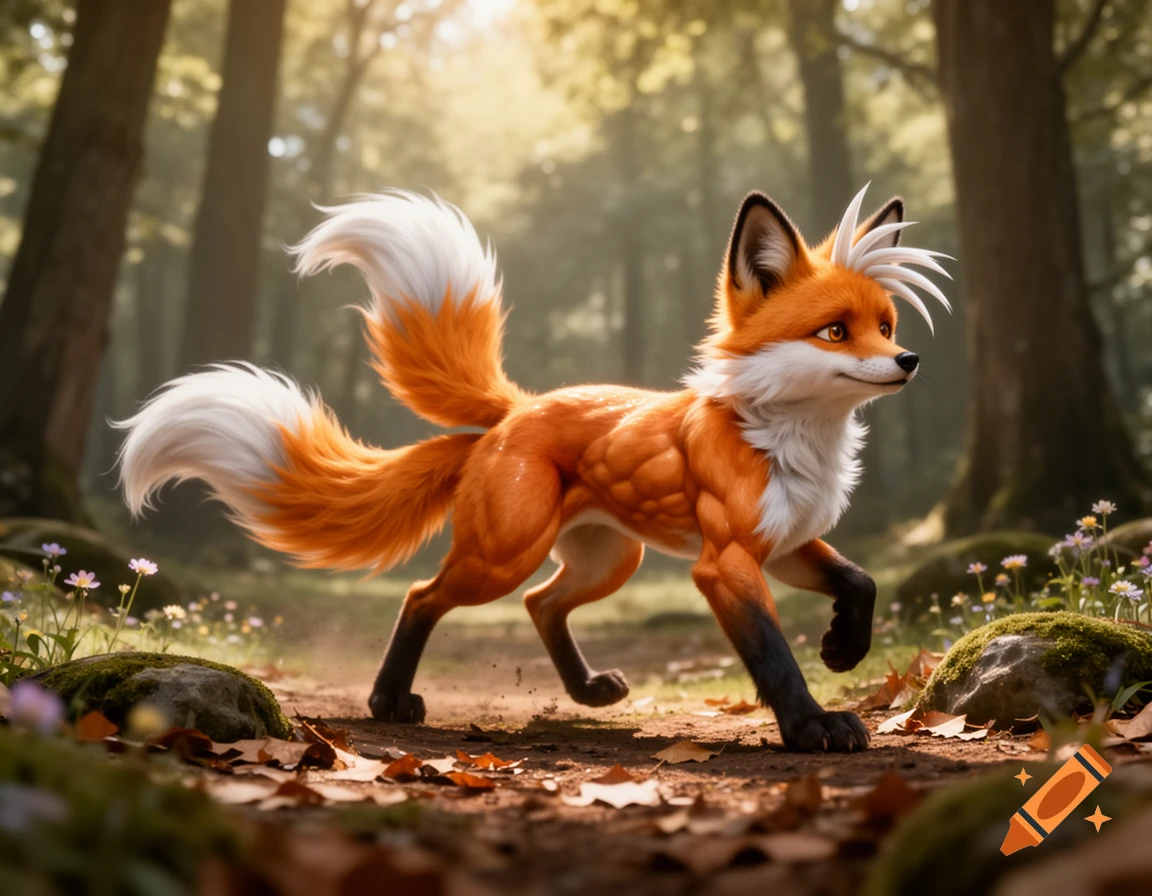 A muscular, two-tailed orange and white fox walks through a sunny forest path.