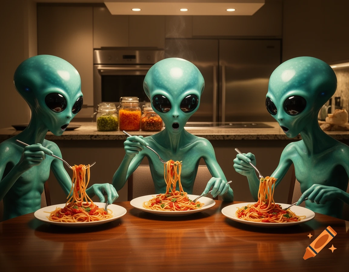 Three green-skinned aliens with large dark eyes sit at a wooden table in a kitchen, happily eating spaghetti with forks. Photorealistic.