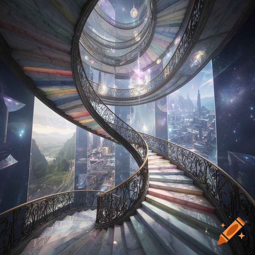 A grand, swirling rainbow marble staircase with ornate railings overlooks a futuristic city and a starry cosmic sky, with glowing orbs floating around.