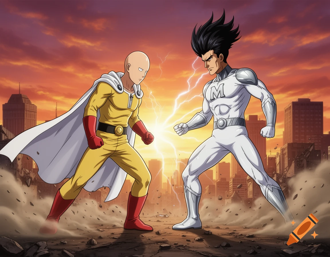 Two anime-style superheroes, One-Punch Man in yellow and red, and a character resembling Metro Man in white, face off with an energy burst between them amidst a ruined cityscape under an orange sky.