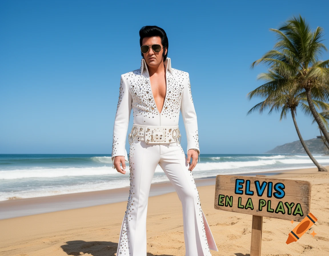 A man dressed as Elvis Presley in a white studded jumpsuit stands on a sandy beach next to a sign that reads "ELVIS EN LA PLAYA".