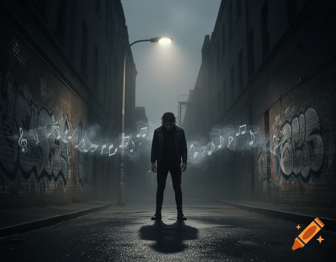 A person stands in a dark, wet alley under a streetlamp, with glowing musical notes emanating from them and graffiti on the walls.