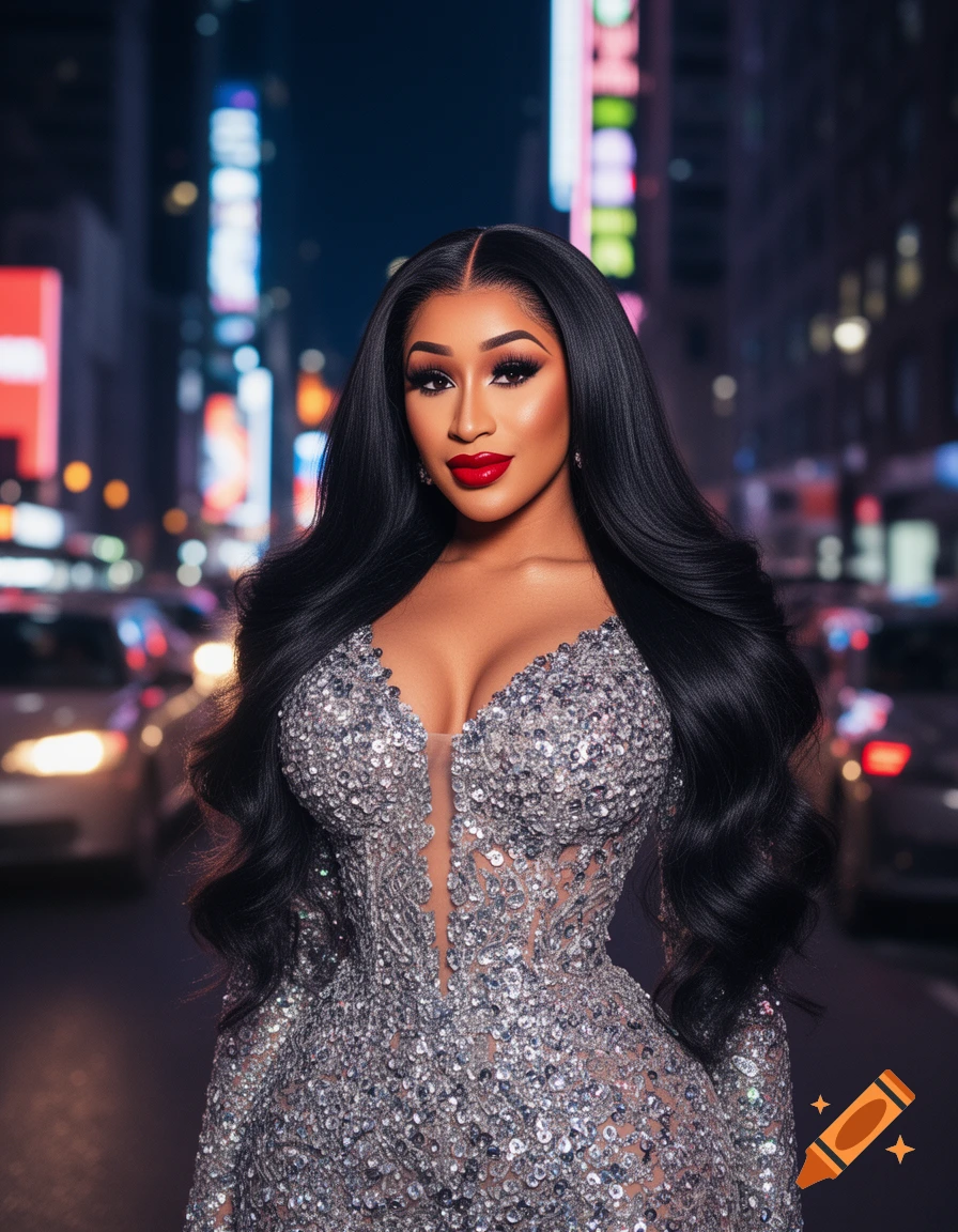 Photorealistic portrait of a woman with long black hair, red lipstick, and a sparkling silver sequined dress, posing on a city street at night.