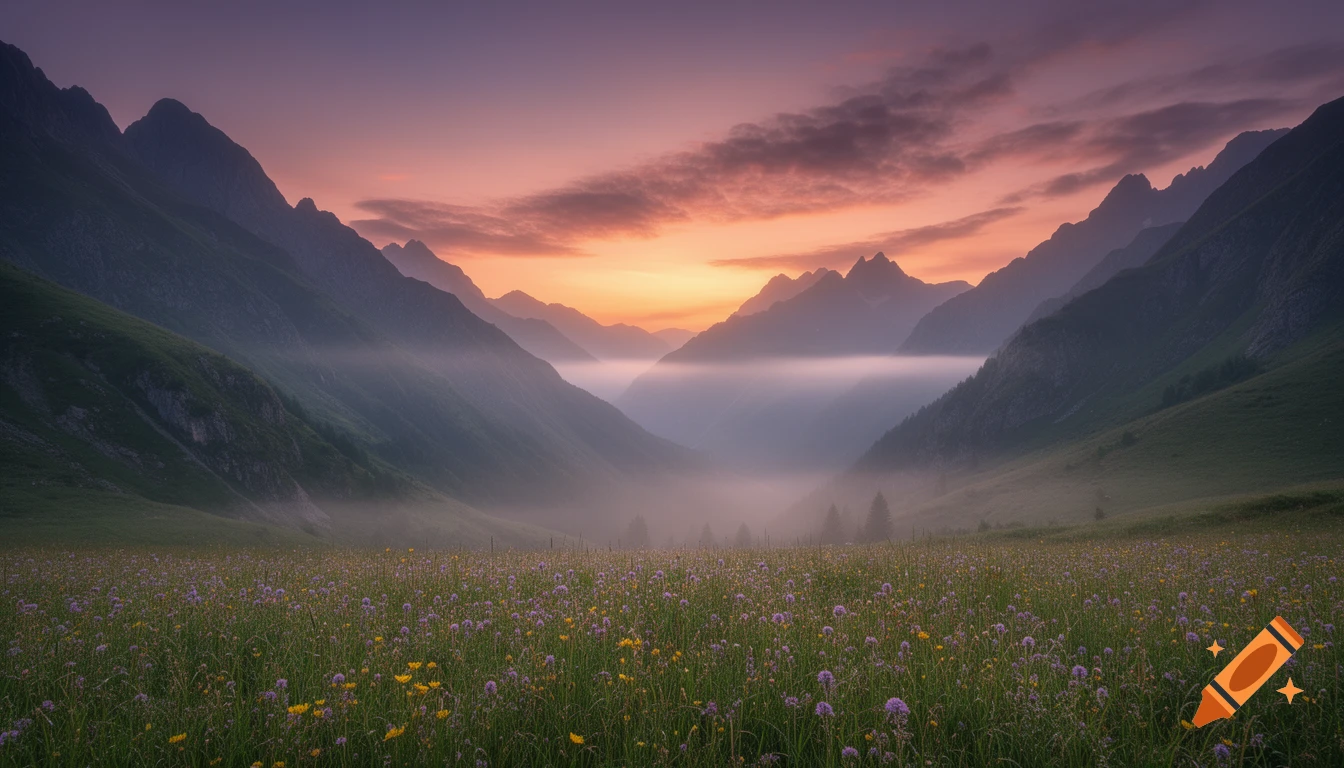 Sunrise over a misty mountain valley with a foreground of green grass and wildflowers.