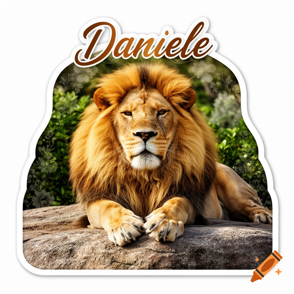 A realistic lion with a majestic mane lies on a rock, set against green foliage, with the script name "Daniele" above it, designed as a sticker.