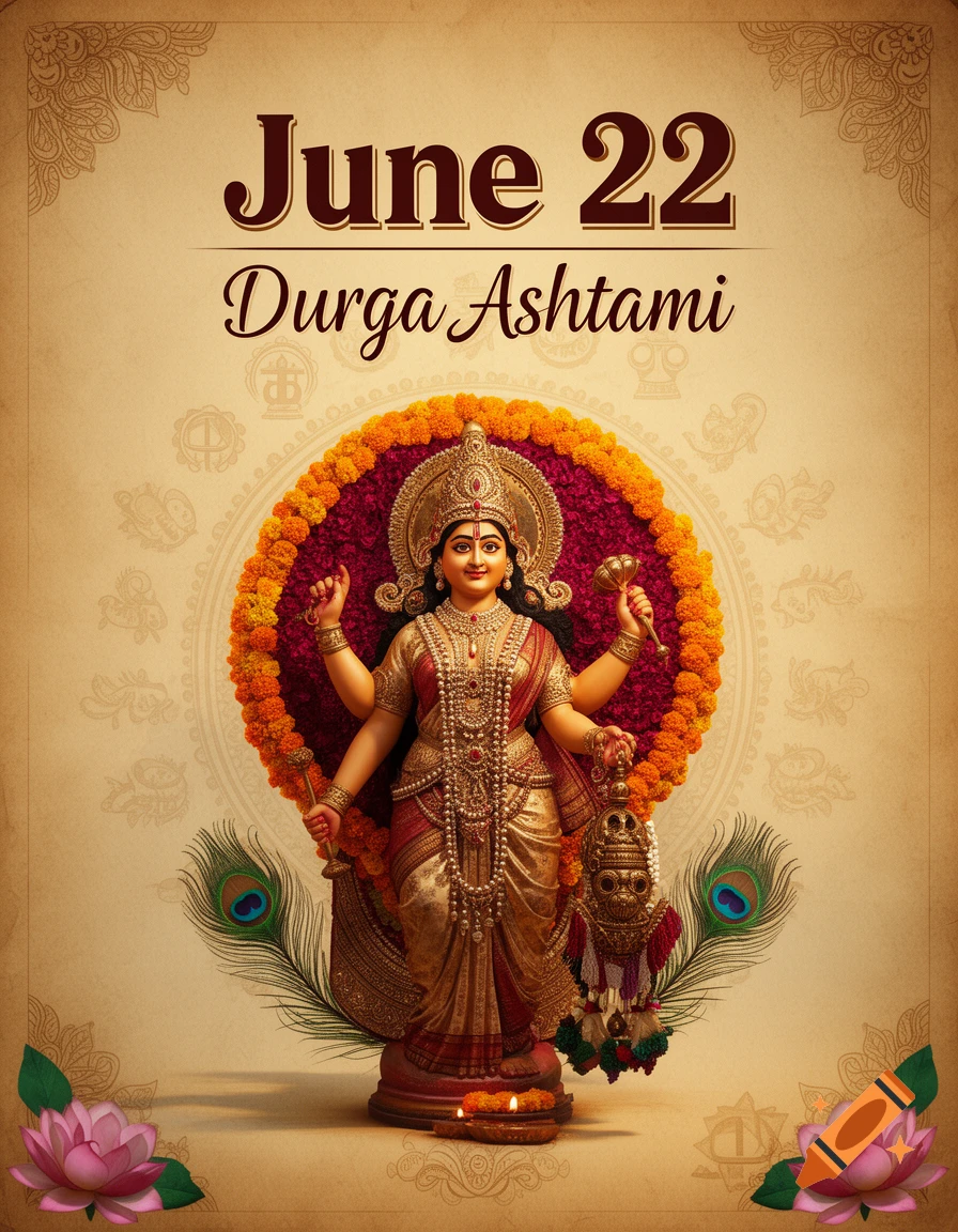 A colorful poster for Durga Ashtami on June 22, featuring a regal statue of Goddess Durga adorned with jewelry and a floral halo.