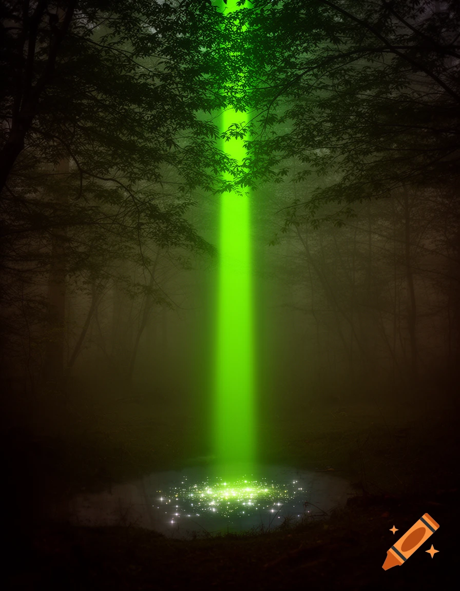 Bright green light beam descends into a dark, foggy forest, illuminating a sparkling pool of water in a surreal style.