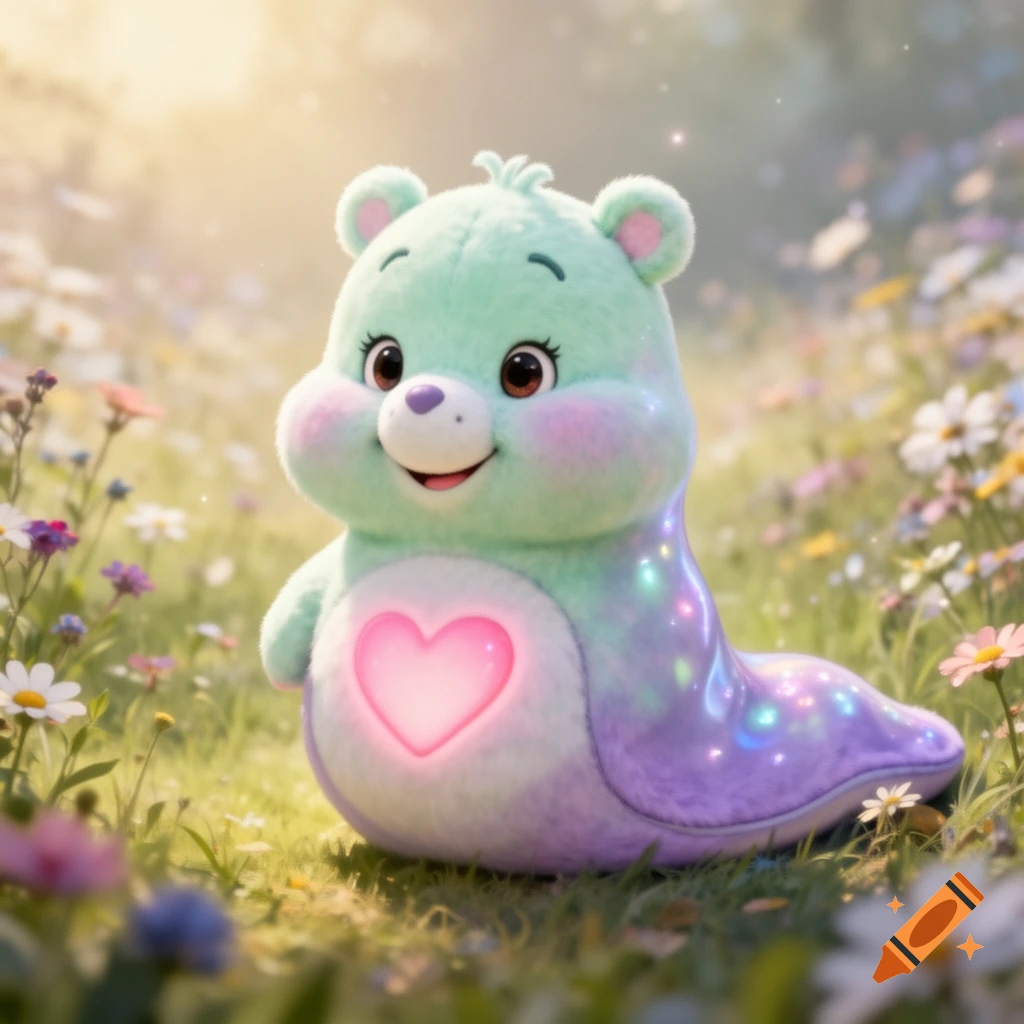 A mint green slug-like Care Bear cousin with a glowing pink heart and sparkly purple tail sits in a sunny field of wildflowers.