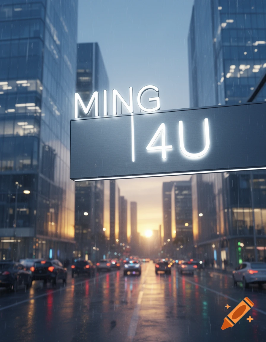 A photorealistic image of a neon sign reading 'MING 4U' above a rainy city street with traffic and modern buildings at sunset.