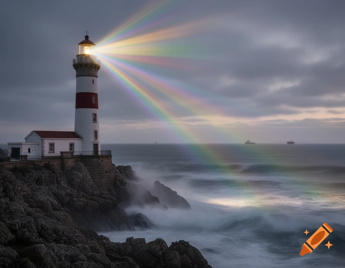 A white and red lighthouse on a rocky coast at dusk, emitting rainbow-colored light beams over a stormy sea with distant ships.