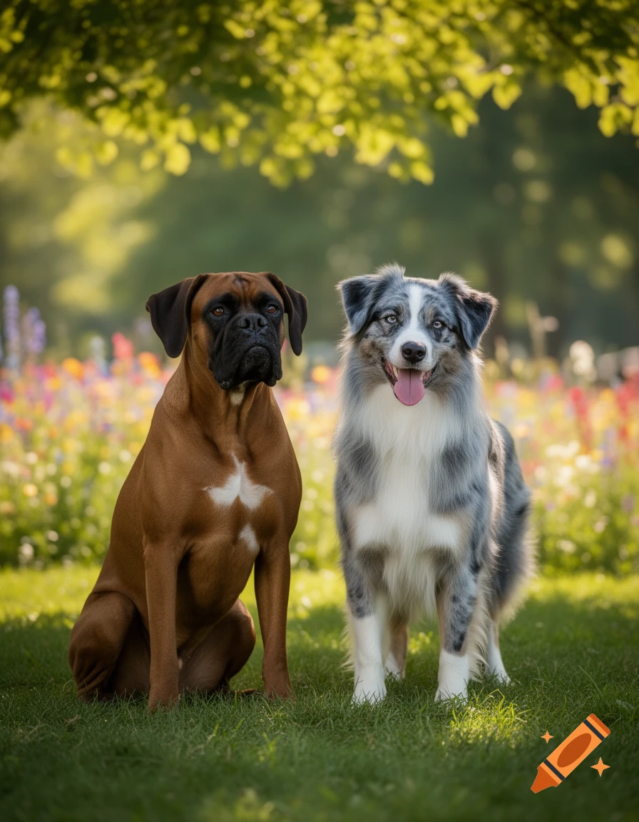 A brown Boxer and a blue merle Australian Shepherd sit side-by-side in a sunlit grassy field with wildflowers and trees.