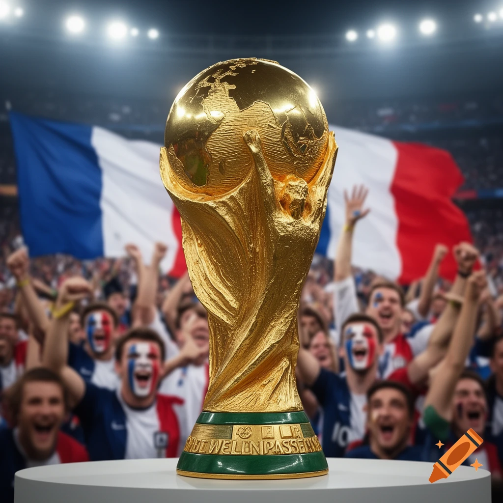A golden World Cup trophy stands on a white pedestal, with a cheering crowd and a blurred French flag in the background.