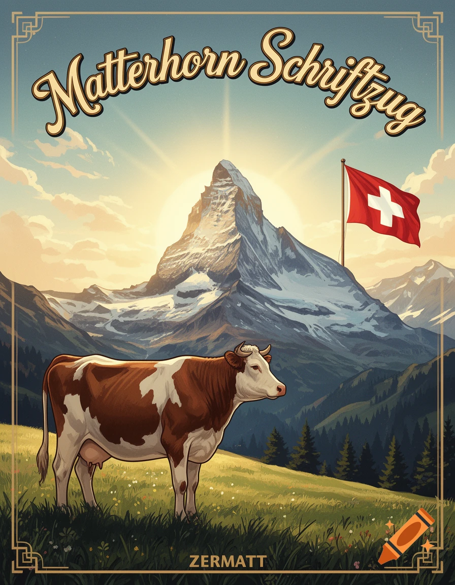 A retro travel poster depicting Matterhorn mountain, a Swiss flag, and a brown and white cow in a green field with 'Matterhorn Schriftzug ZERMATT' text.