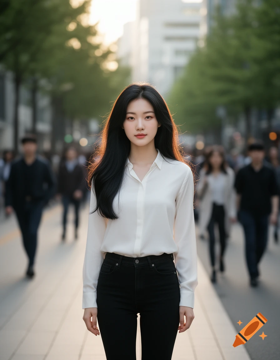 A photorealistic portrait of a young woman with long black hair, wearing a white button-up shirt and black pants, standing on a city street at sunset.
