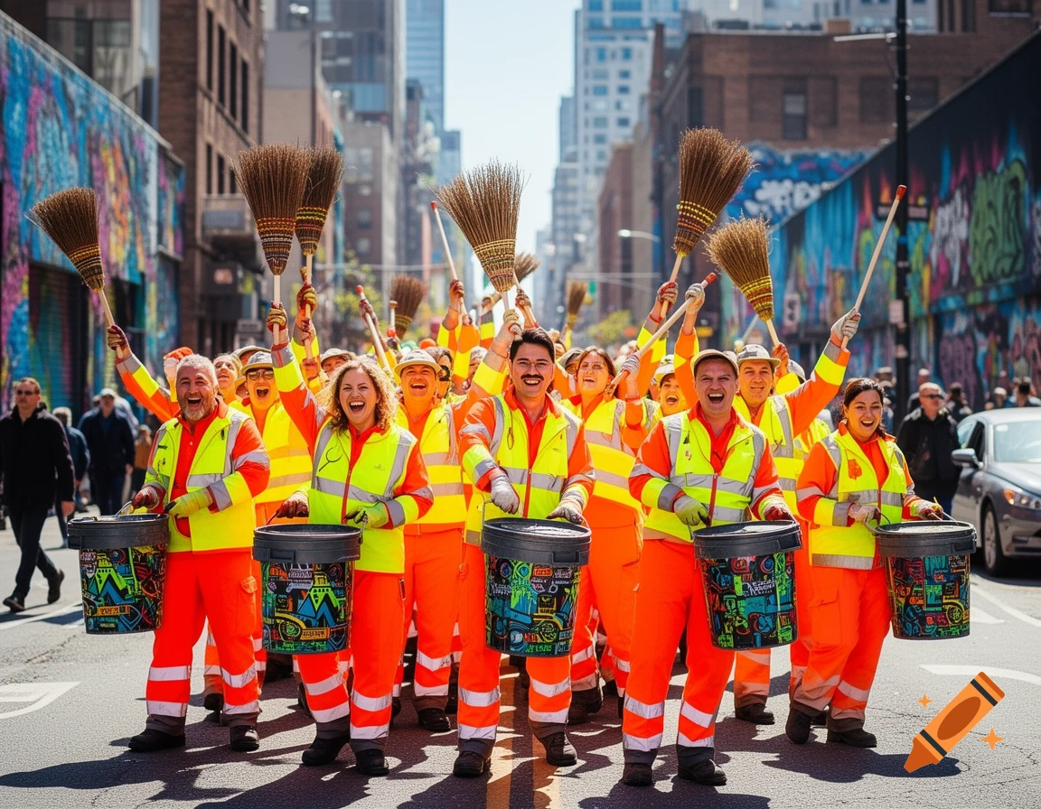 A group of overly happy street cleaners in orange and neon yellow uniforms holding brooms and decorated buckets, marching down a city street with graffiti-covered walls.