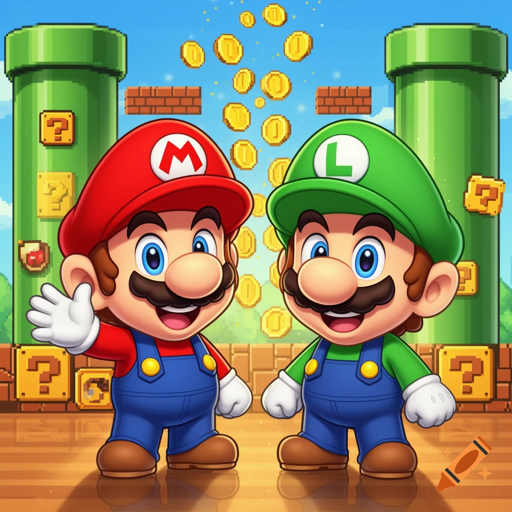 Chibi Mario waving and Luigi standing in a colorful Super Mario Bros. level with green pipes, question mark blocks, and falling coins.