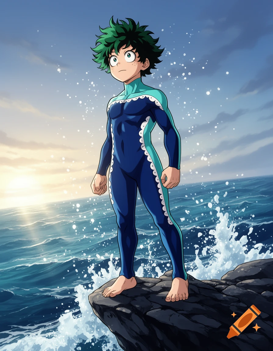 An anime character in a blue and teal swimsuit stands confidently on a rocky shore overlooking a wavy ocean under a cloudy sky.